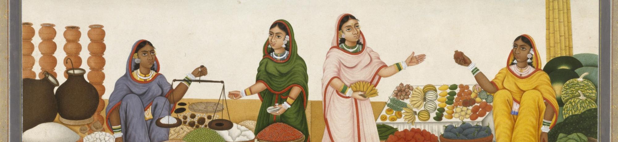 Four Women Selling food grains and vegetables. Wikimedia Commons